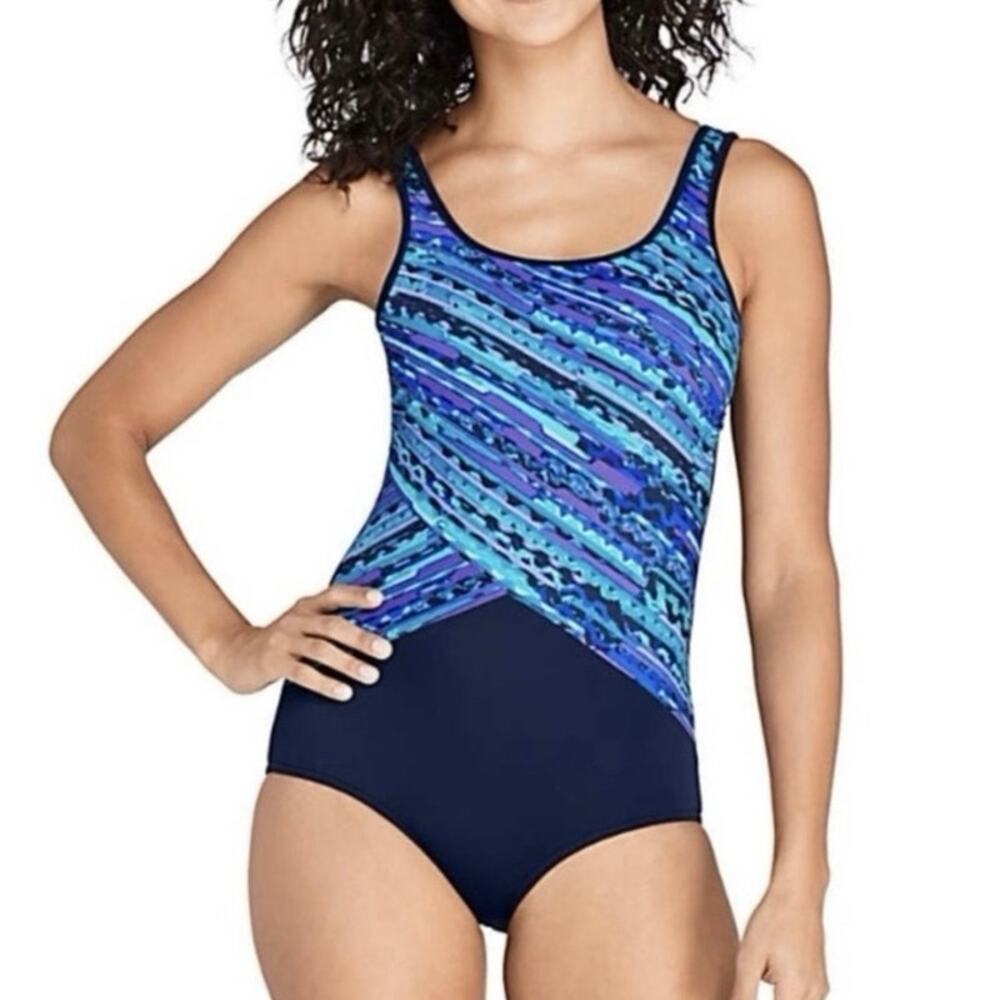 Lands End Size 6 Tugless Sporty Swimsuit One Piece Navy Ombré Ripples